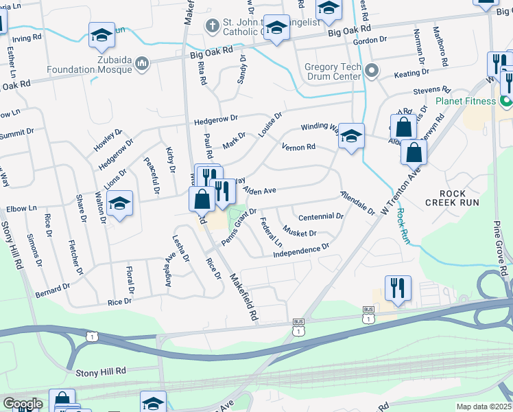 map of restaurants, bars, coffee shops, grocery stores, and more near 113 Penns Grant Drive in Morrisville