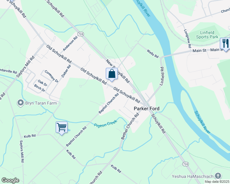 map of restaurants, bars, coffee shops, grocery stores, and more near 1546 Old Schuylkill Road in Spring City
