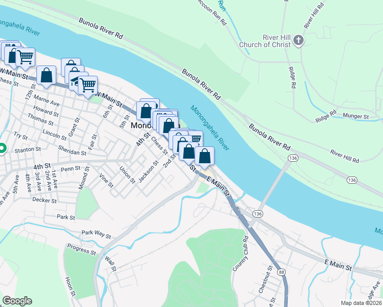 map of restaurants, bars, coffee shops, grocery stores, and more near 128 Railroad Street in Monongahela