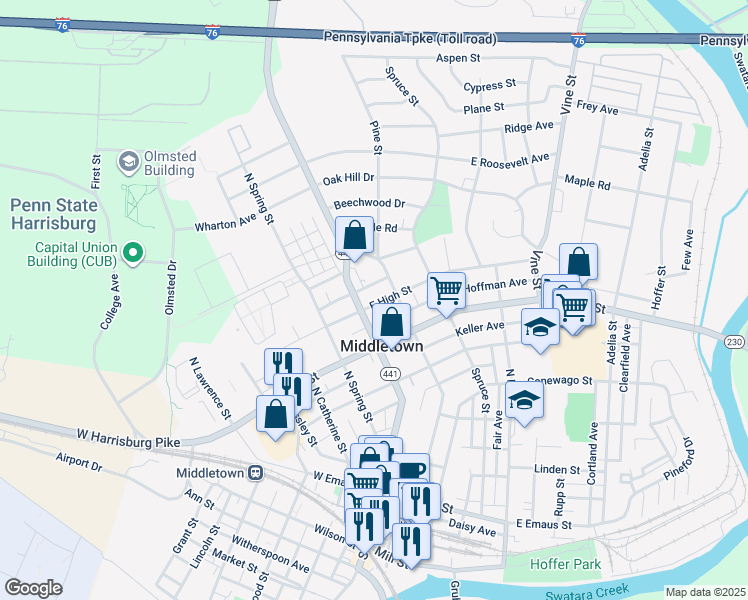 map of restaurants, bars, coffee shops, grocery stores, and more near 25 East High Street in Middletown
