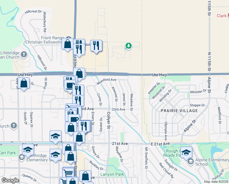 map of restaurants, bars, coffee shops, grocery stores, and more near 2407 Atwood Street in Longmont