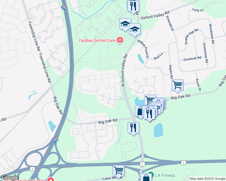 map of restaurants, bars, coffee shops, grocery stores, and more near 205 Roosevelt Drive in Yardley