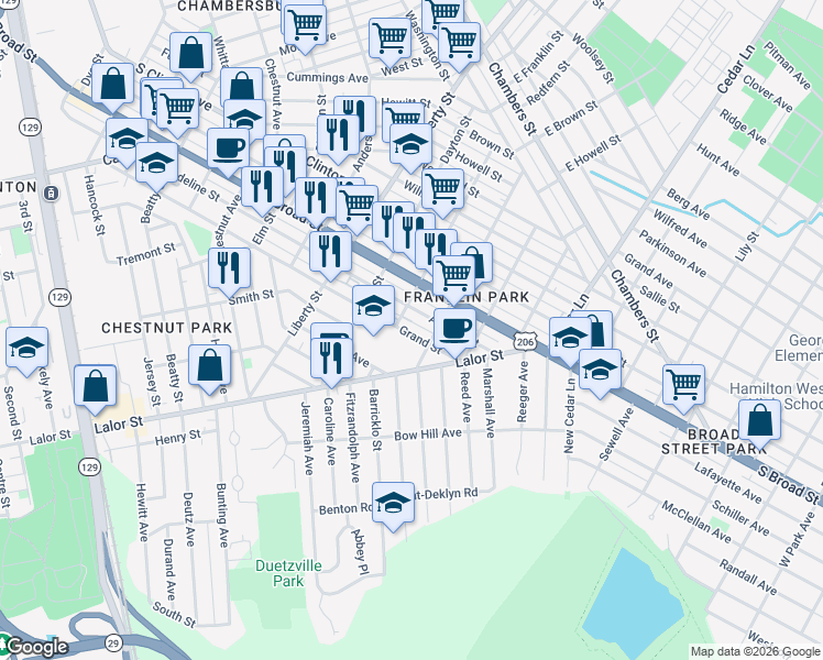 map of restaurants, bars, coffee shops, grocery stores, and more near 812 Grand Street in Trenton