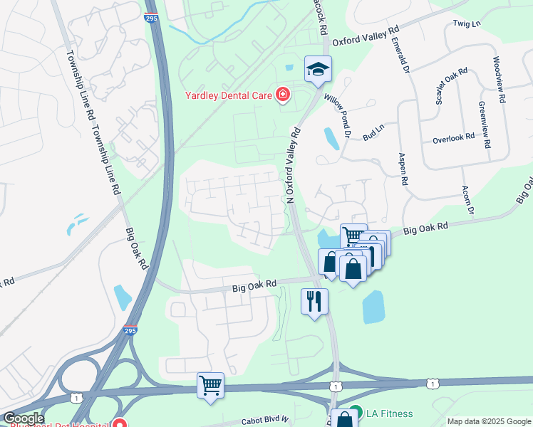 map of restaurants, bars, coffee shops, grocery stores, and more near 205 Roosevelt Drive in Yardley
