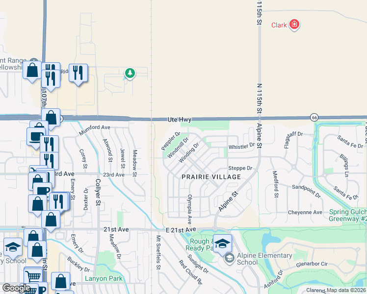 map of restaurants, bars, coffee shops, grocery stores, and more near 126 Homestead Parkway in Longmont