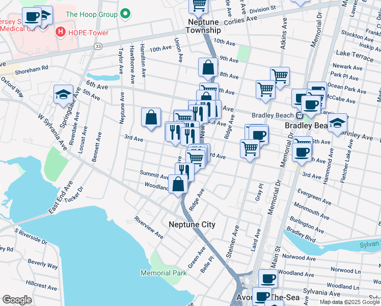 map of restaurants, bars, coffee shops, grocery stores, and more near 93 3rd Avenue in Neptune City