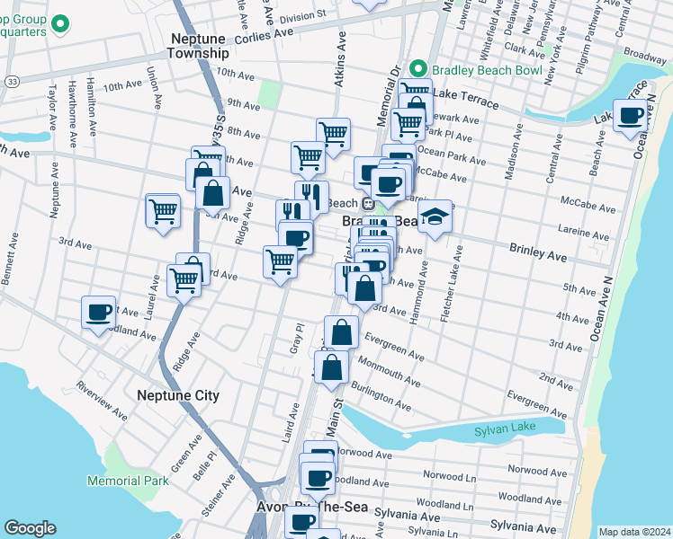 map of restaurants, bars, coffee shops, grocery stores, and more near 814 4th Avenue in Neptune