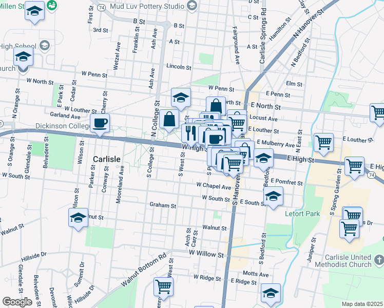 map of restaurants, bars, coffee shops, grocery stores, and more near 154 West High Street in Carlisle