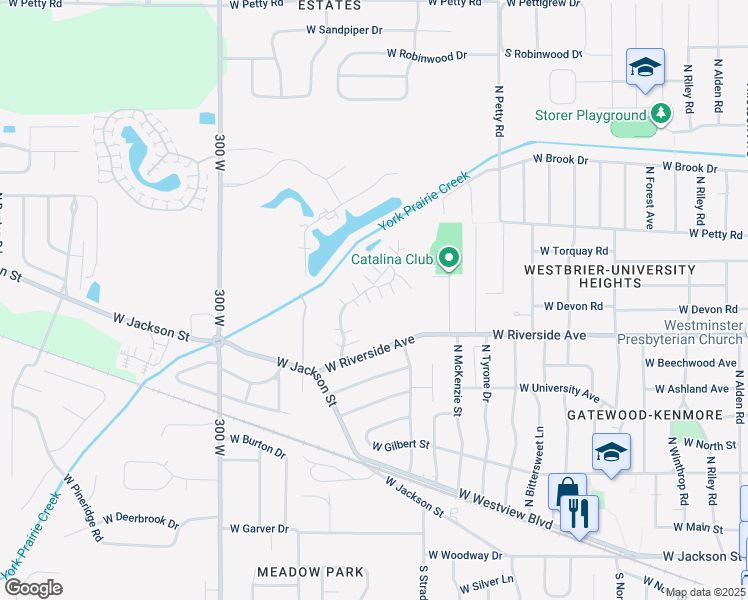 map of restaurants, bars, coffee shops, grocery stores, and more near 4208 West Thornwood Lane in Muncie