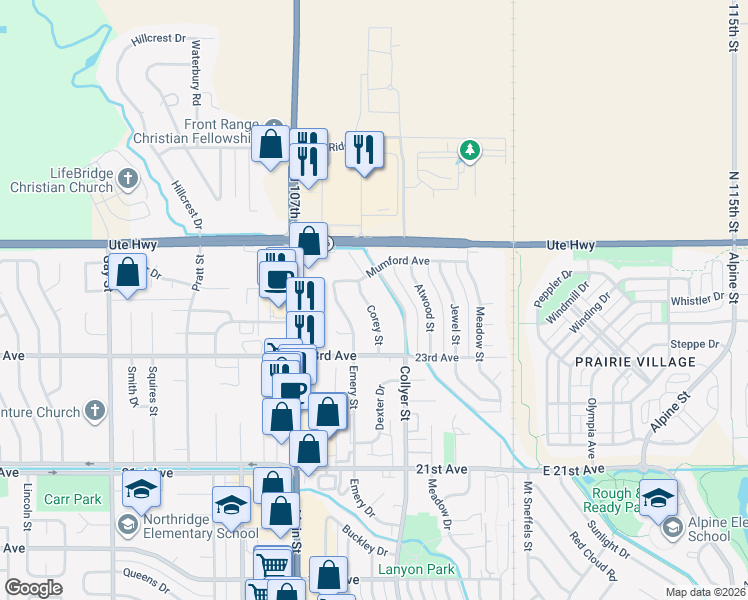 map of restaurants, bars, coffee shops, grocery stores, and more near 2414 Corey Street in Longmont