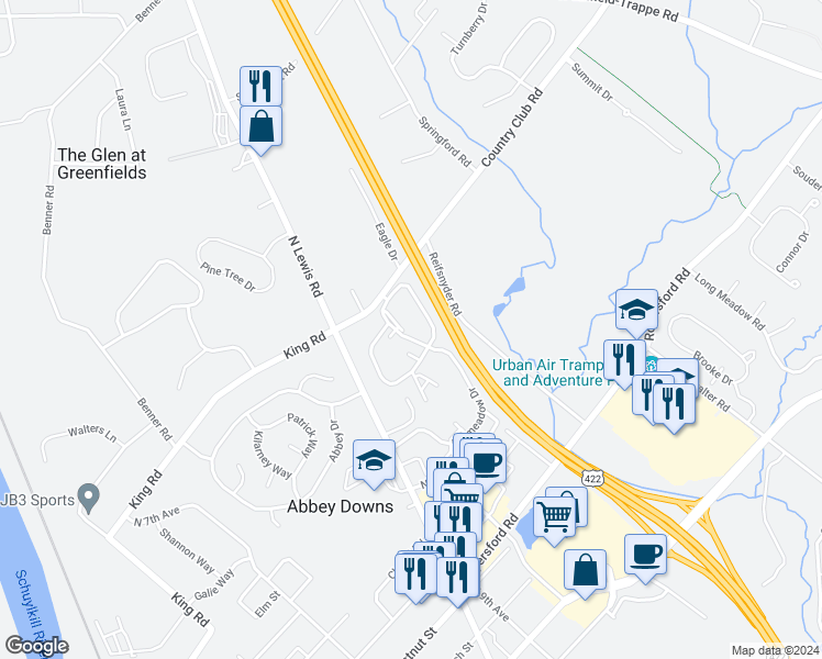 map of restaurants, bars, coffee shops, grocery stores, and more near 2202 Foxmeadow Drive in Royersford