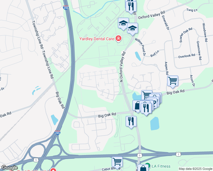 map of restaurants, bars, coffee shops, grocery stores, and more near 1693 Pierce Way in Yardley