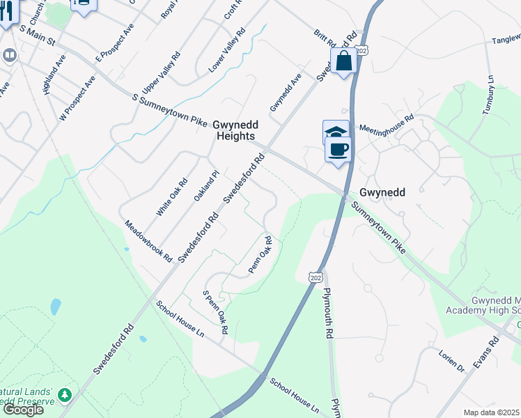 map of restaurants, bars, coffee shops, grocery stores, and more near 959 North Penn Oak Road in Montgomery County