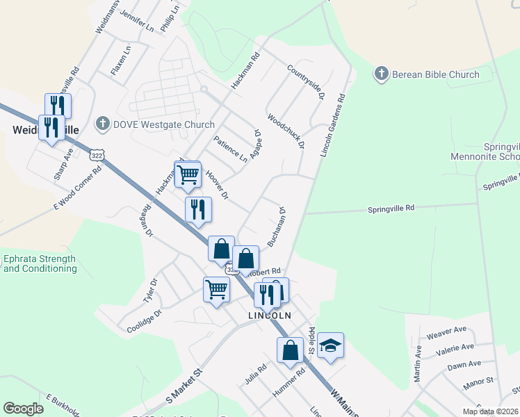 map of restaurants, bars, coffee shops, grocery stores, and more near 643 Buchanan Drive in Ephrata