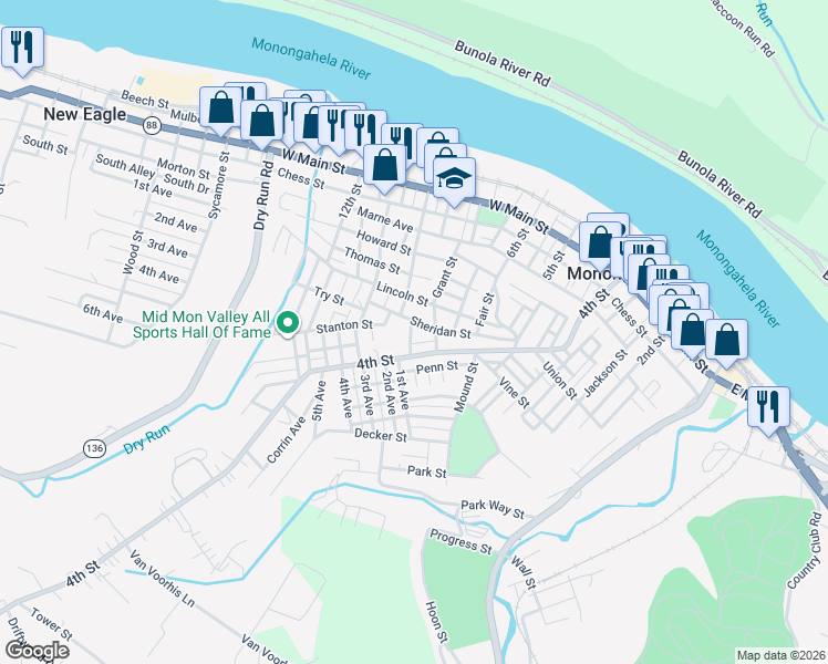 map of restaurants, bars, coffee shops, grocery stores, and more near 716 Grant Street in Monongahela