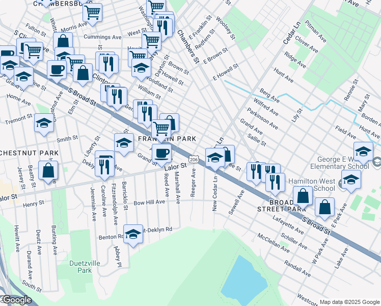 map of restaurants, bars, coffee shops, grocery stores, and more near 1450 South Broad Street in Trenton