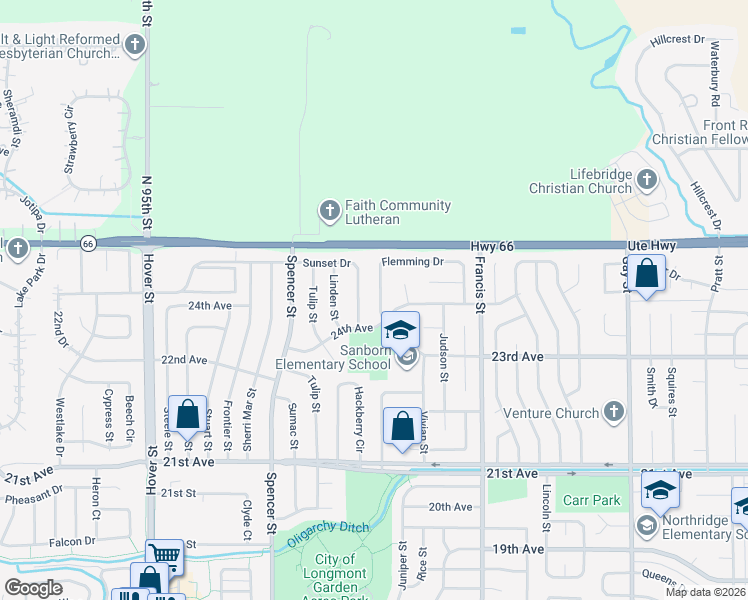 map of restaurants, bars, coffee shops, grocery stores, and more near 1720 Flemming Drive in Longmont