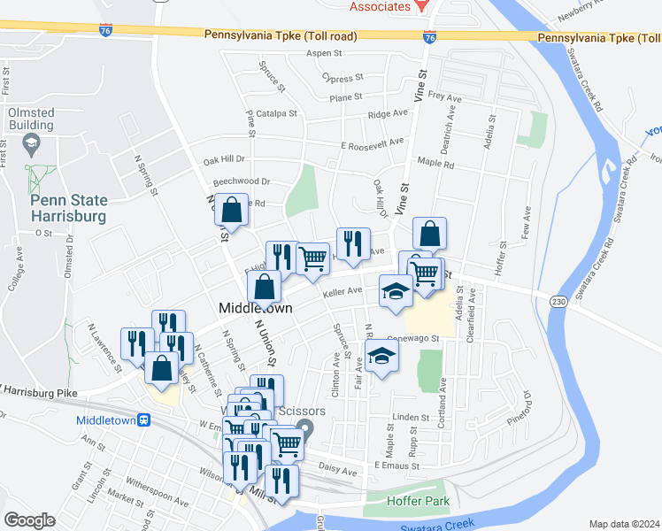 map of restaurants, bars, coffee shops, grocery stores, and more near 241 East Main Street in Middletown