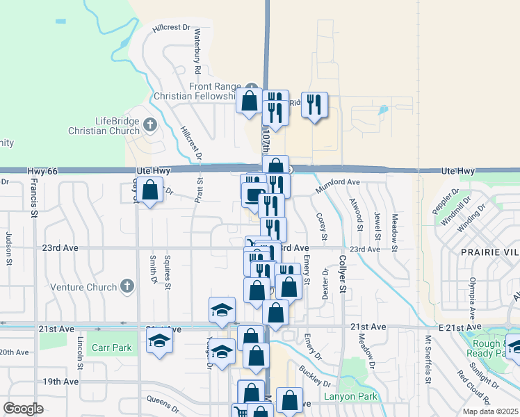 map of restaurants, bars, coffee shops, grocery stores, and more near 2351 Main Street in Longmont