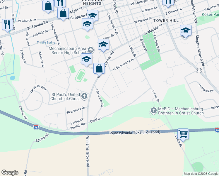 map of restaurants, bars, coffee shops, grocery stores, and more near 513 West Elmwood Avenue in Mechanicsburg