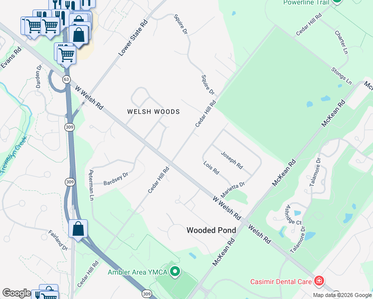 map of restaurants, bars, coffee shops, grocery stores, and more near 729 Cedar Hill Road in Ambler