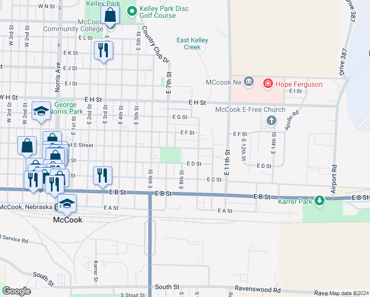 map of restaurants, bars, coffee shops, grocery stores, and more near 901-999 East E Street in McCook