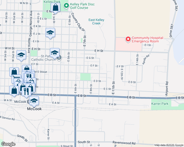 map of restaurants, bars, coffee shops, grocery stores, and more near 801 East E Street in McCook