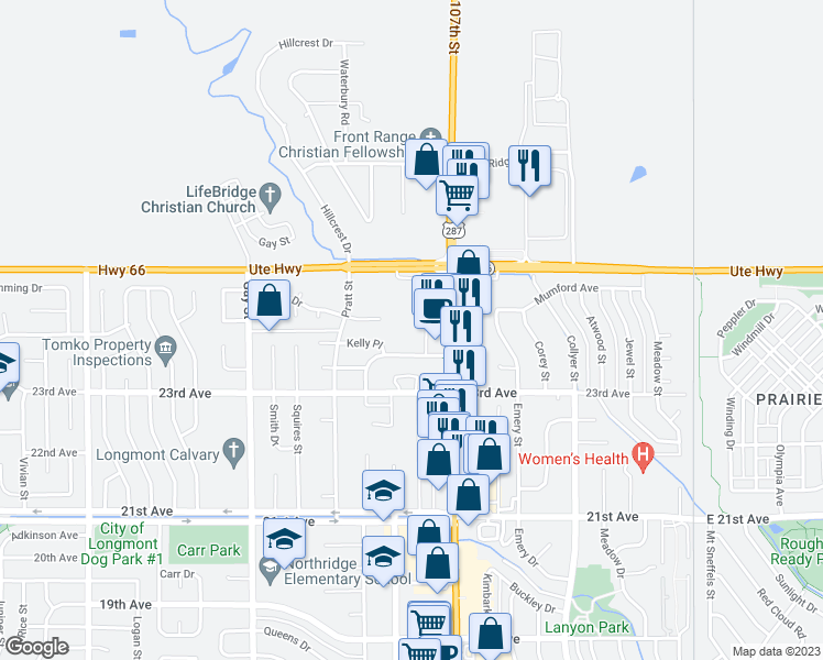 map of restaurants, bars, coffee shops, grocery stores, and more near 2351 Main Street in Longmont