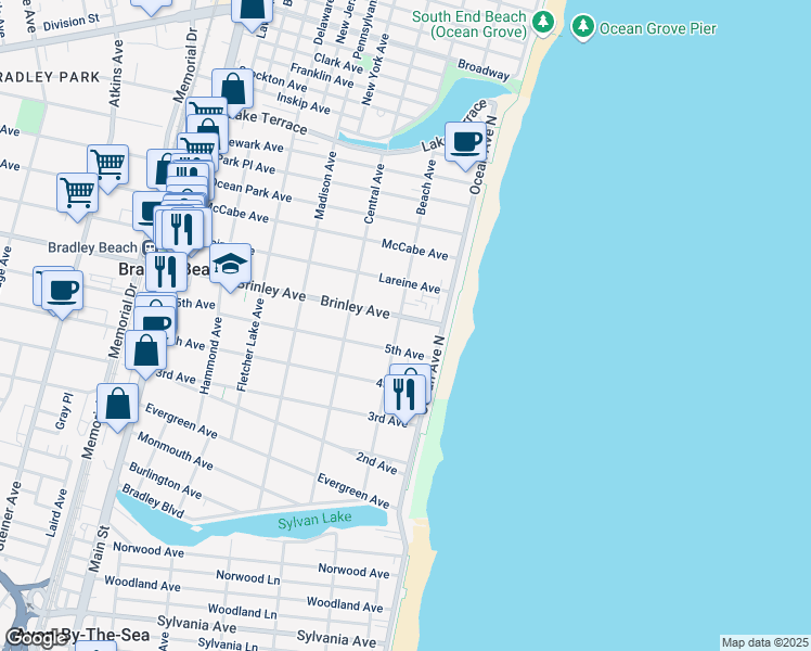 map of restaurants, bars, coffee shops, grocery stores, and more near 107 Brinley Avenue in Bradley Beach