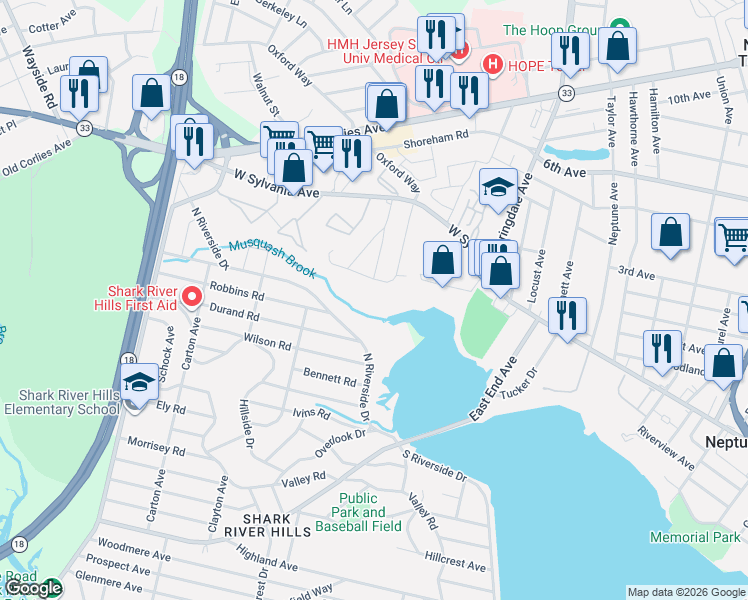 map of restaurants, bars, coffee shops, grocery stores, and more near 9 Overbrook Place in Neptune City