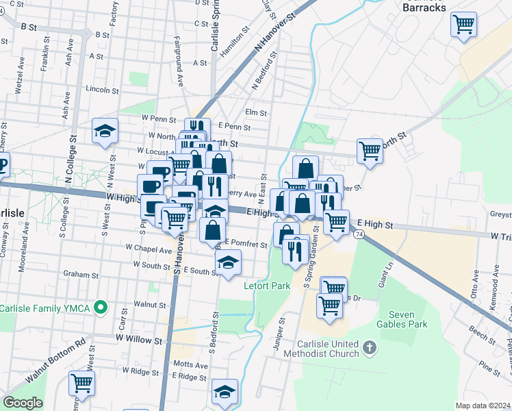 map of restaurants, bars, coffee shops, grocery stores, and more near 17 North East Street in Carlisle