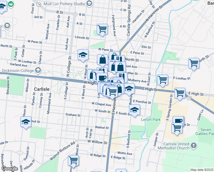 map of restaurants, bars, coffee shops, grocery stores, and more near 8 West High Street in Carlisle
