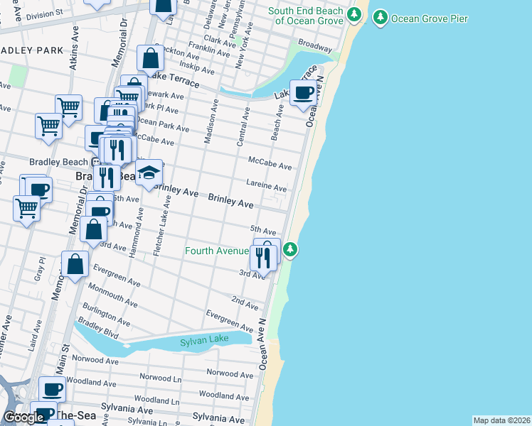 map of restaurants, bars, coffee shops, grocery stores, and more near 107 Brinley Avenue in Bradley Beach