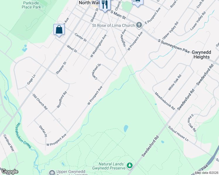 map of restaurants, bars, coffee shops, grocery stores, and more near 417 West Prospect Avenue in North Wales