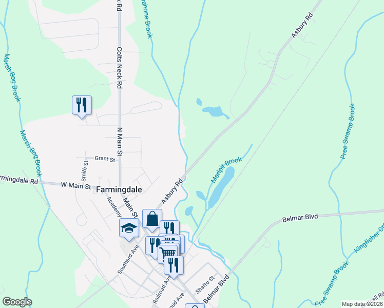 map of restaurants, bars, coffee shops, grocery stores, and more near 34 Asbury Avenue in Farmingdale