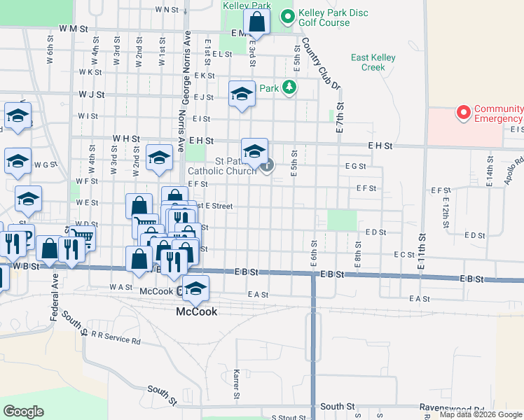 map of restaurants, bars, coffee shops, grocery stores, and more near 400 East E Street in McCook