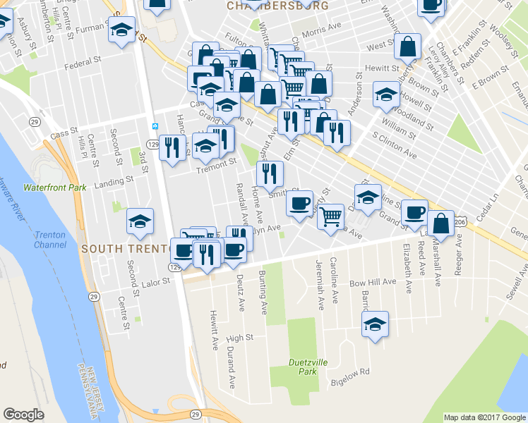 map of restaurants, bars, coffee shops, grocery stores, and more near 428 Home Ave in Trenton