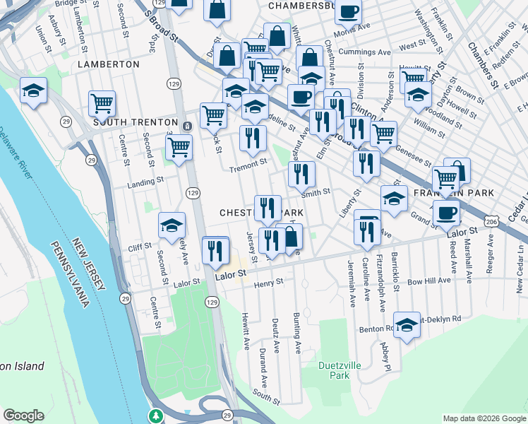 map of restaurants, bars, coffee shops, grocery stores, and more near in Trenton