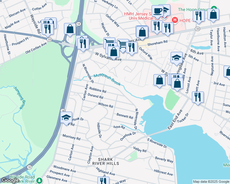 map of restaurants, bars, coffee shops, grocery stores, and more near 213 Robbins Road in Neptune City
