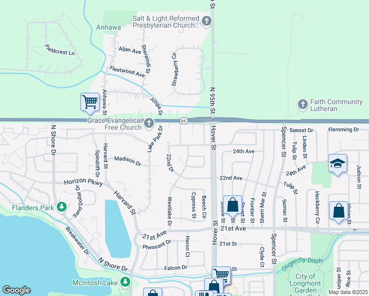 map of restaurants, bars, coffee shops, grocery stores, and more near 2501 24th Avenue in Longmont