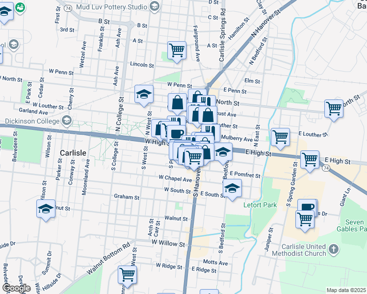 map of restaurants, bars, coffee shops, grocery stores, and more near 8 West High Street in Carlisle