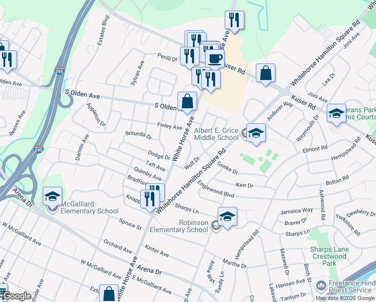 map of restaurants, bars, coffee shops, grocery stores, and more near 16 Godfrey Drive in Hamilton Township