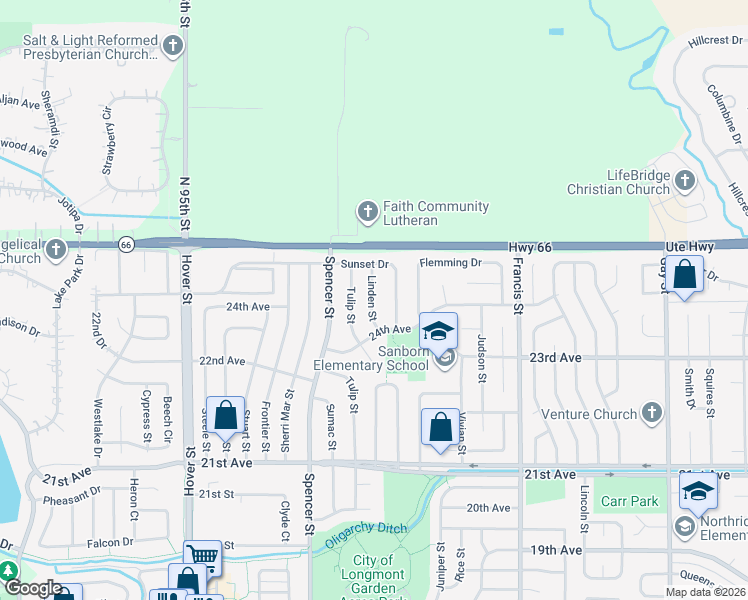 map of restaurants, bars, coffee shops, grocery stores, and more near 2424 Linden Street in Longmont
