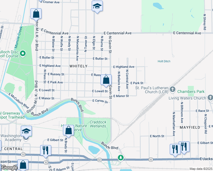 map of restaurants, bars, coffee shops, grocery stores, and more near 2013 East Park Street in Muncie
