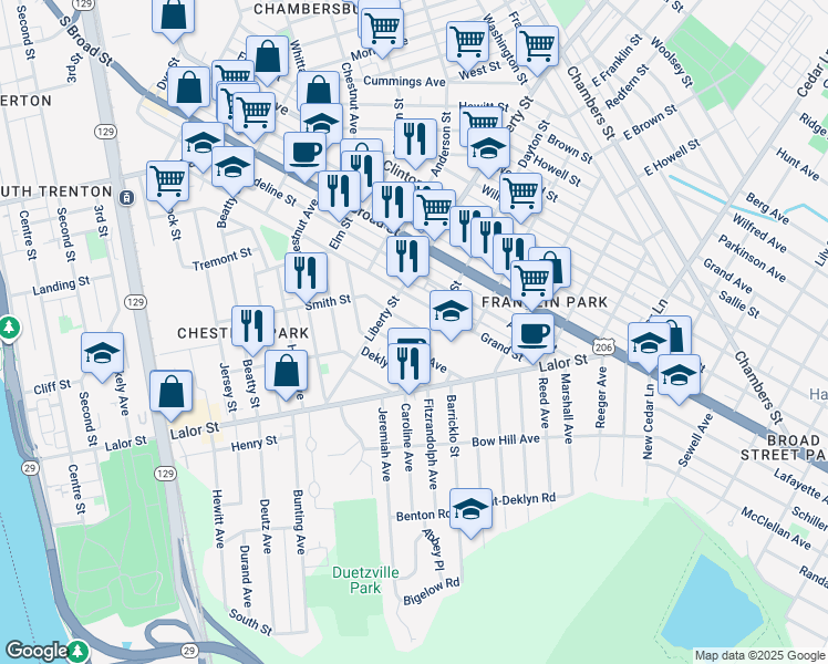 map of restaurants, bars, coffee shops, grocery stores, and more near 987 Smith Street in Trenton