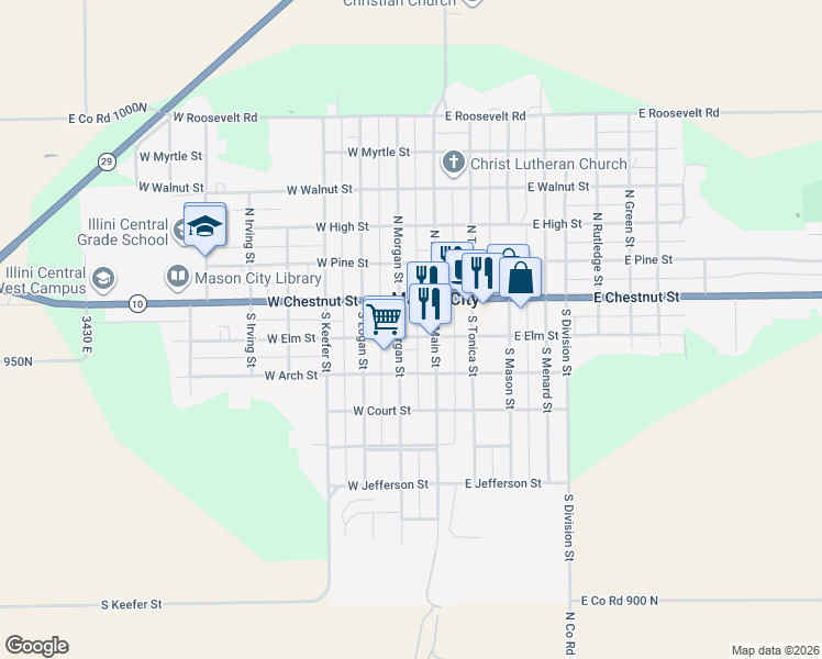 map of restaurants, bars, coffee shops, grocery stores, and more near 118 West Elm Street in Mason City