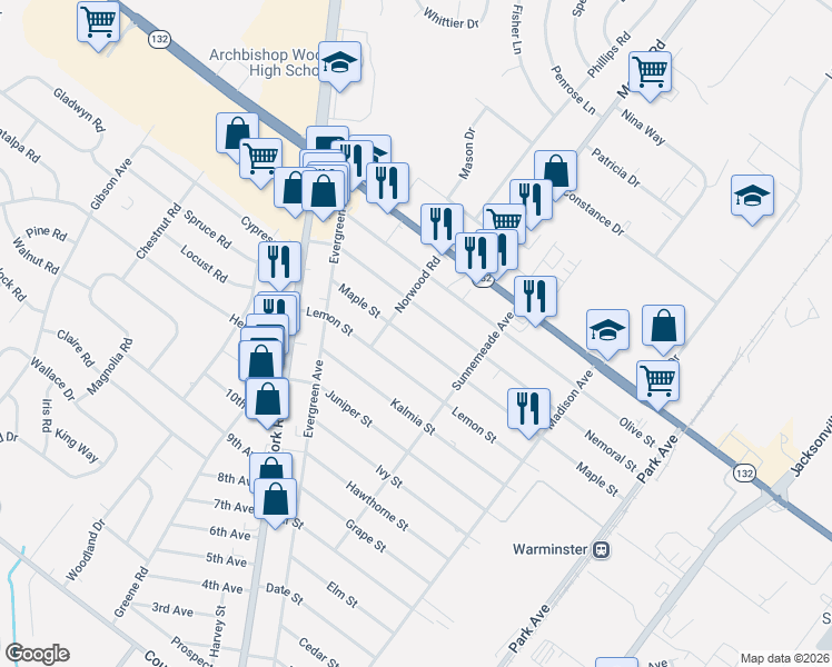 map of restaurants, bars, coffee shops, grocery stores, and more near 475 Maple Street in Warminster