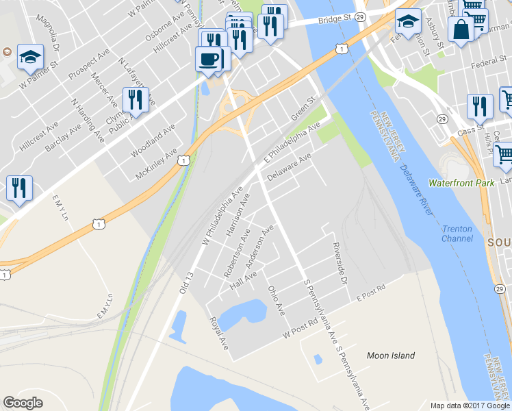 map of restaurants, bars, coffee shops, grocery stores, and more near 24 West Cleveland Avenue in Morrisville