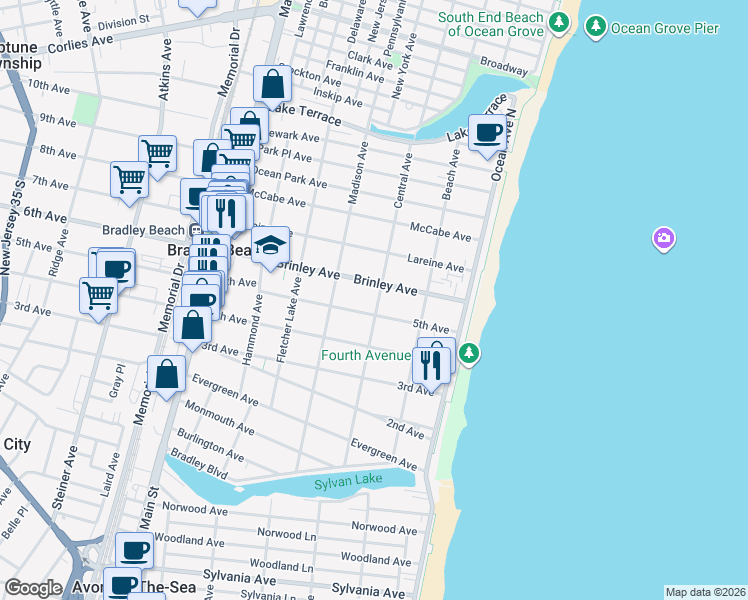 map of restaurants, bars, coffee shops, grocery stores, and more near 505 Central Avenue in Bradley Beach