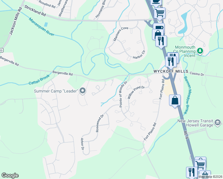 map of restaurants, bars, coffee shops, grocery stores, and more near 491 Cottonwood Court in Howell Township